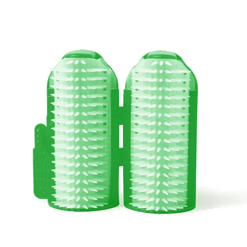 Pet Double Row Grooming Massager Brush - Green wall-mountable double bristle grooming unit with soft rounded bristles