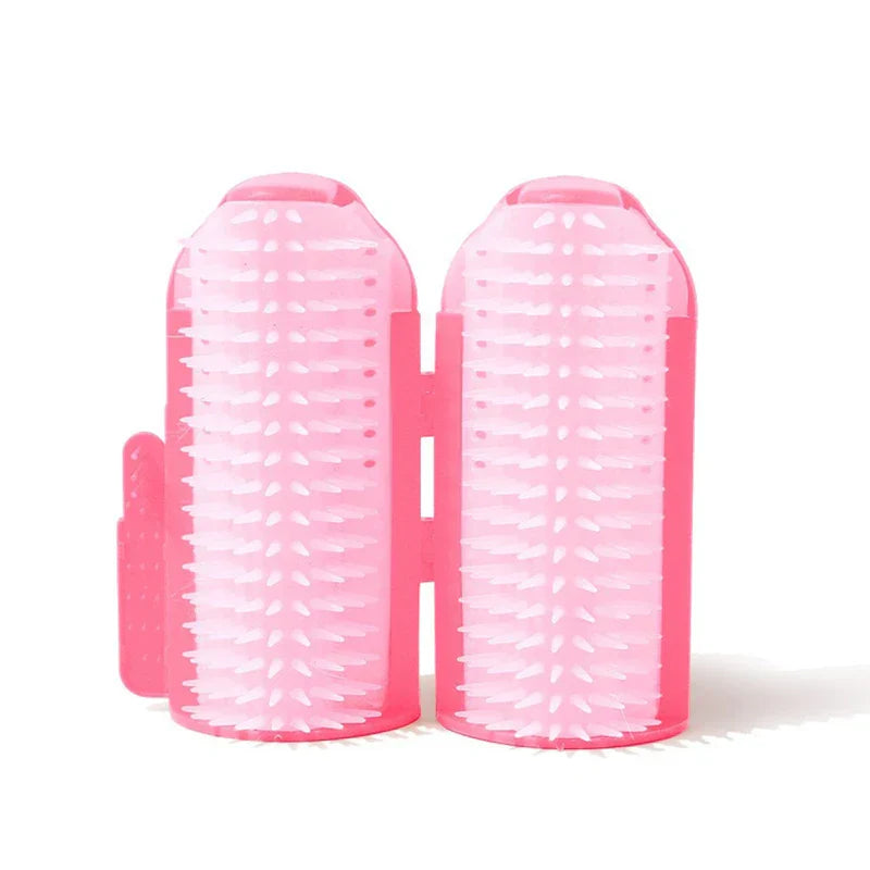 Pet Double Row Grooming Massager Brush - Pink plastic double hair rollers with molded spike teeth, connected by central plastic clip, white background.