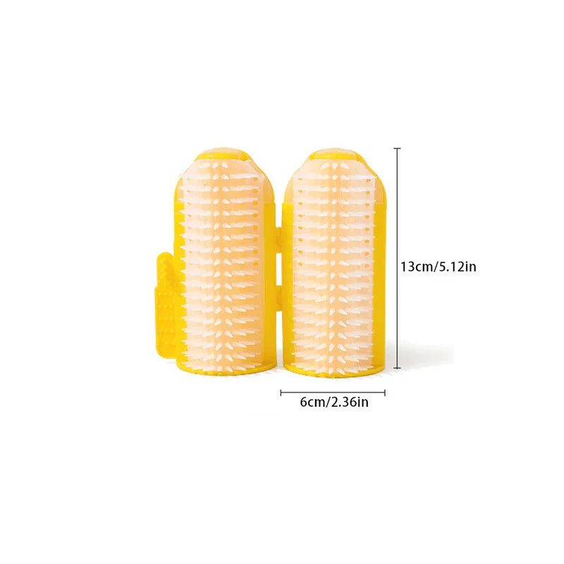 Pet Double Row Grooming Massager Brush - Yellow dual-cylinder pet grooming tool with soft white bristles, measuring 13cm tall and 6cm wide.