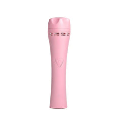 Electric Dog Nail Trimmer - Light pink handheld pet grooming tool with paw print control button, standing upright on plain white background