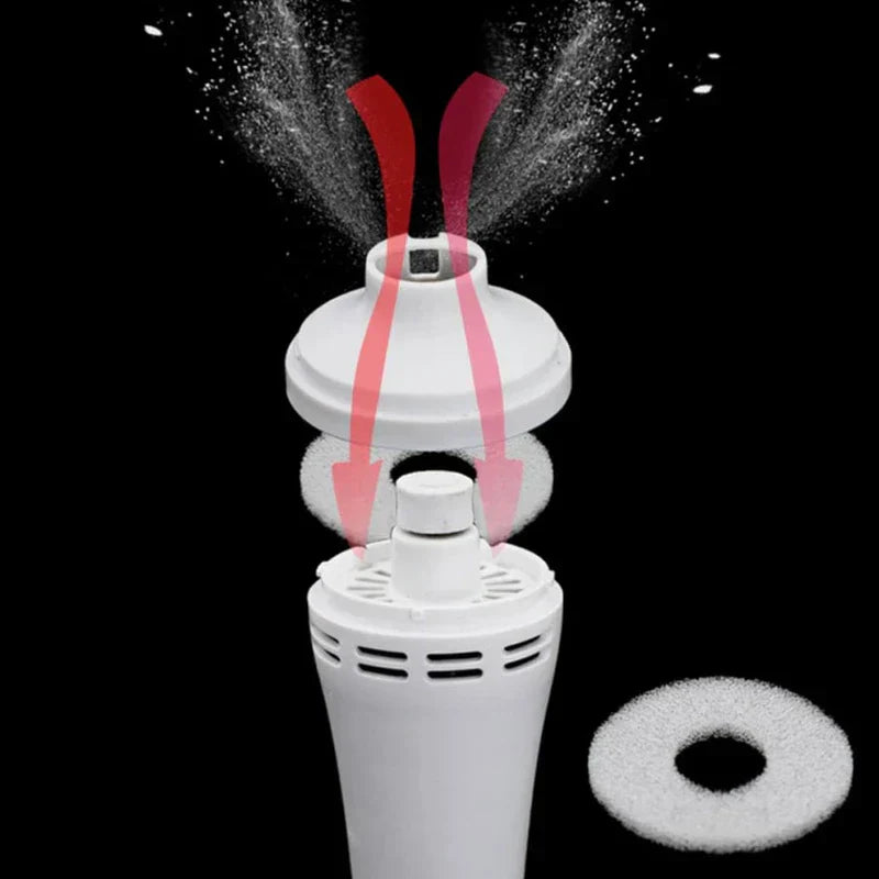 Electric Dog Nail Trimmer - Exploded view of a white handheld device with airflow arrows, showing a white cap, foam ring, and device body against black background