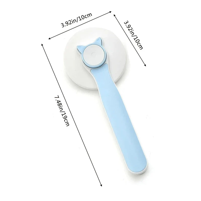 Pet Fur Knot Cutter Dematting Comb Rake - Pet comb with blue handle and white brush head, showing length and width dimensions
