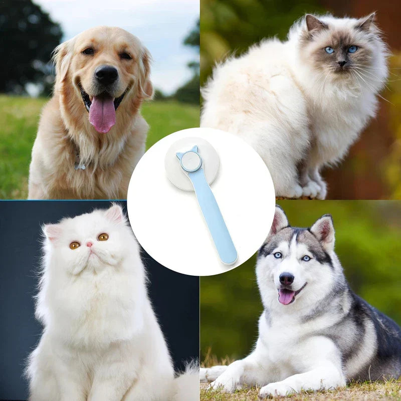Pet Fur Knot Cutter Dematting Comb Rake - Collage showing long-coated dog and cat breeds, with the grooming tool centered to show suitable use cases
