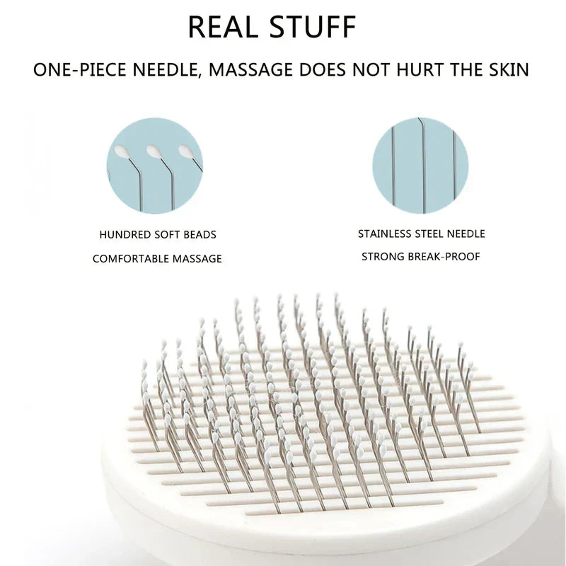 Pet Fur Knot Cutter Dematting Comb Rake - Close-up of a pet brush head showing stainless steel pins with rounded soft tips on a white base
