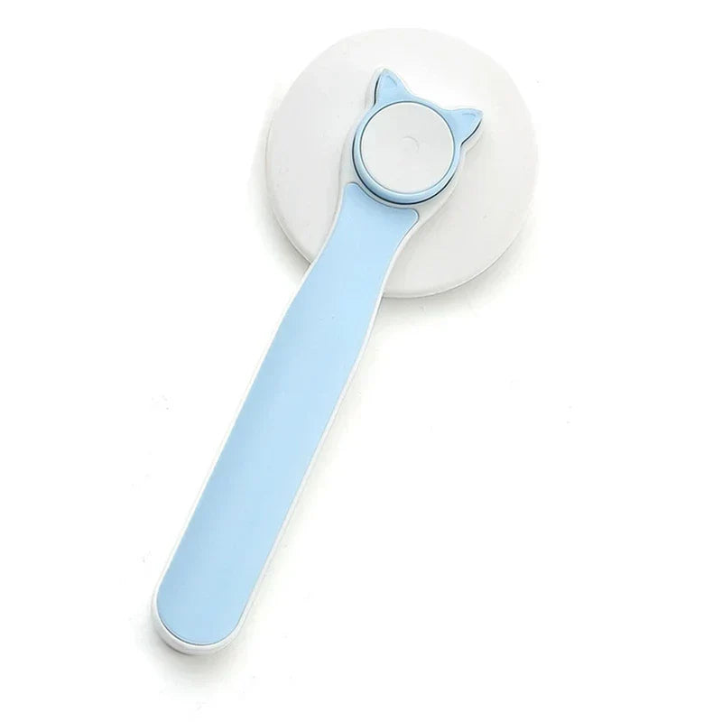 Pet Fur Knot Cutter Dematting Comb Rake - Light blue and white self-cleaning slicker pet brush with cat ear shaped release button, viewed from above on a white background