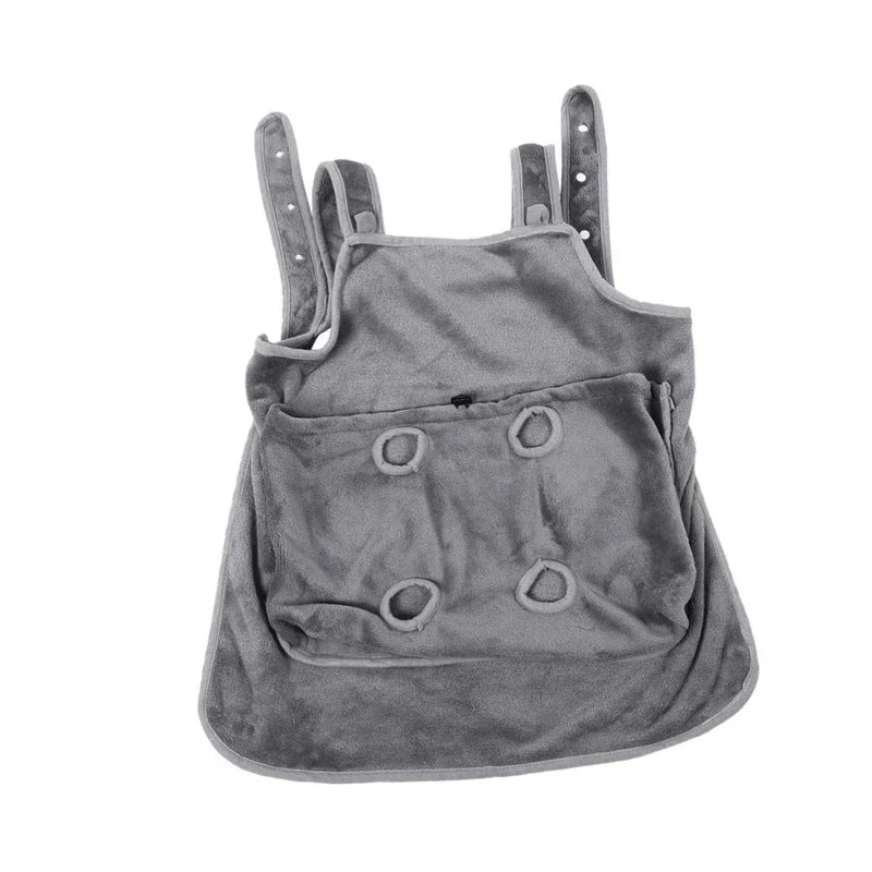 Pet Carrier Apron - Gray plush apron with front pocket and adjustable shoulder straps, front view