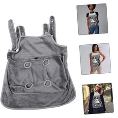 Pet Carrier Apron - Gray plush apron shown with three wearer examples demonstrating fit