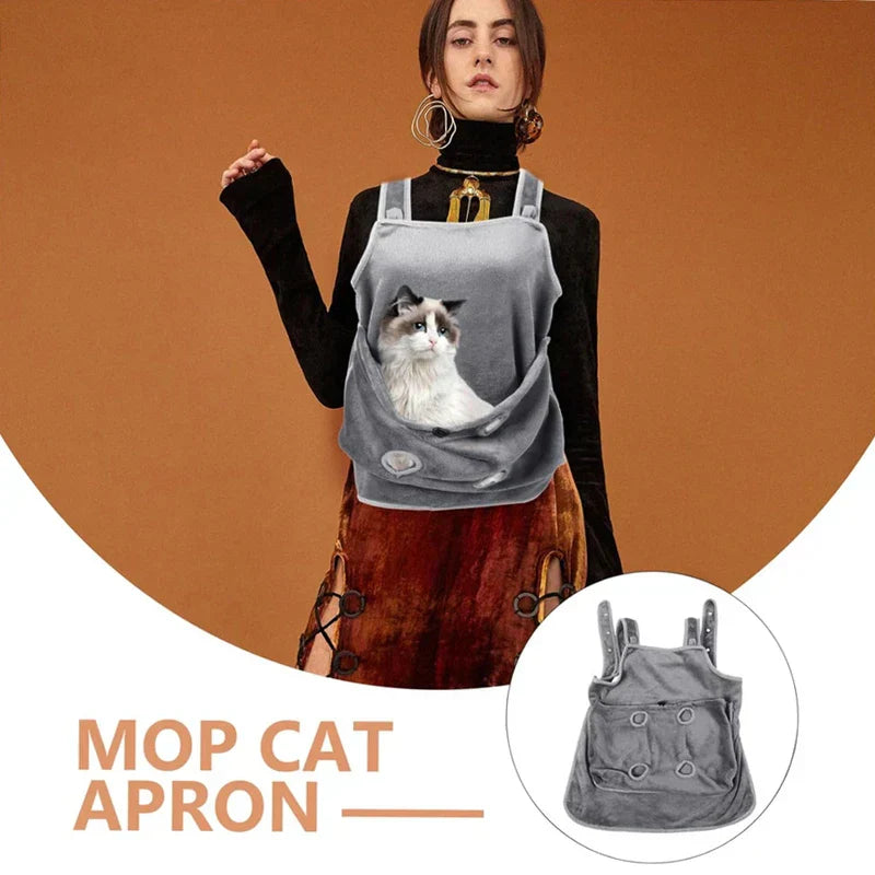 Pet Carrier Apron - Woman wearing a grey apron with a ragdoll cat in its front pocket; a small circular inset shows the empty apron, with 'MOP CAT APRON' text below