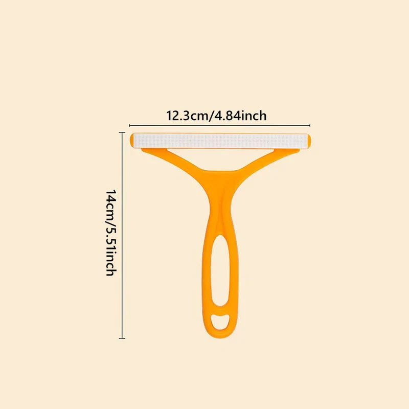 Pet Grooming Deshedding Brush - Orange plastic pet hair remover tool with labeled dimensions showing 12.3cm width and 14cm height on a light beige background