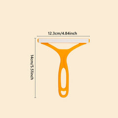 Pet Grooming Deshedding Brush - Orange plastic pet hair remover tool with labeled dimensions showing 12.3cm width and 14cm height on a light beige background