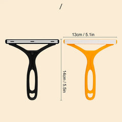 Pet Grooming Deshedding Brush - Size comparison view of two Y-shaped plastic tools, black and orange, with dimension lines marking length and width