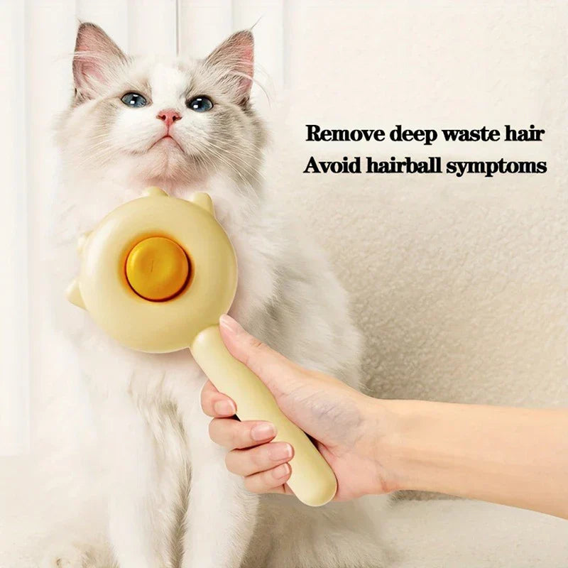 Pet Grooming Brush For Dogs - Hand holding cream pet brush to groom a long-haired light-colored cat