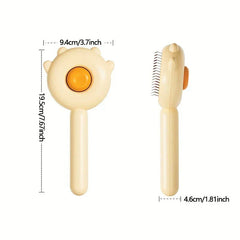 Pet Grooming Brush For Dogs - Two views of a cream cat-shaped pet brush with dimension labels for length, width, and depth