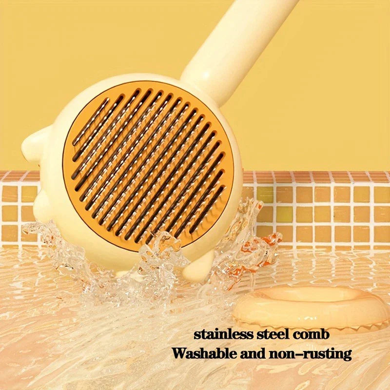 Pet Grooming Brush For Dogs - Close-up of a pet brush's stainless steel comb pins, partially submerged in splashing water