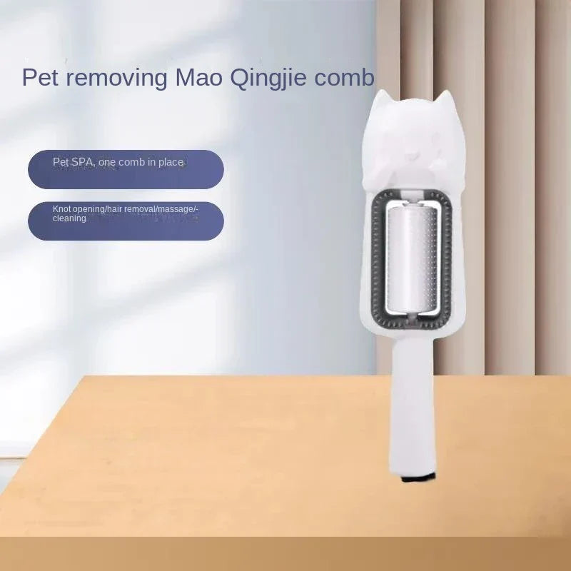 Pet Grooming Brush For Dogs - Comb standing upright on a light wood surface, with text labels listing knot opening, hair removal, massage, and cleaning functions