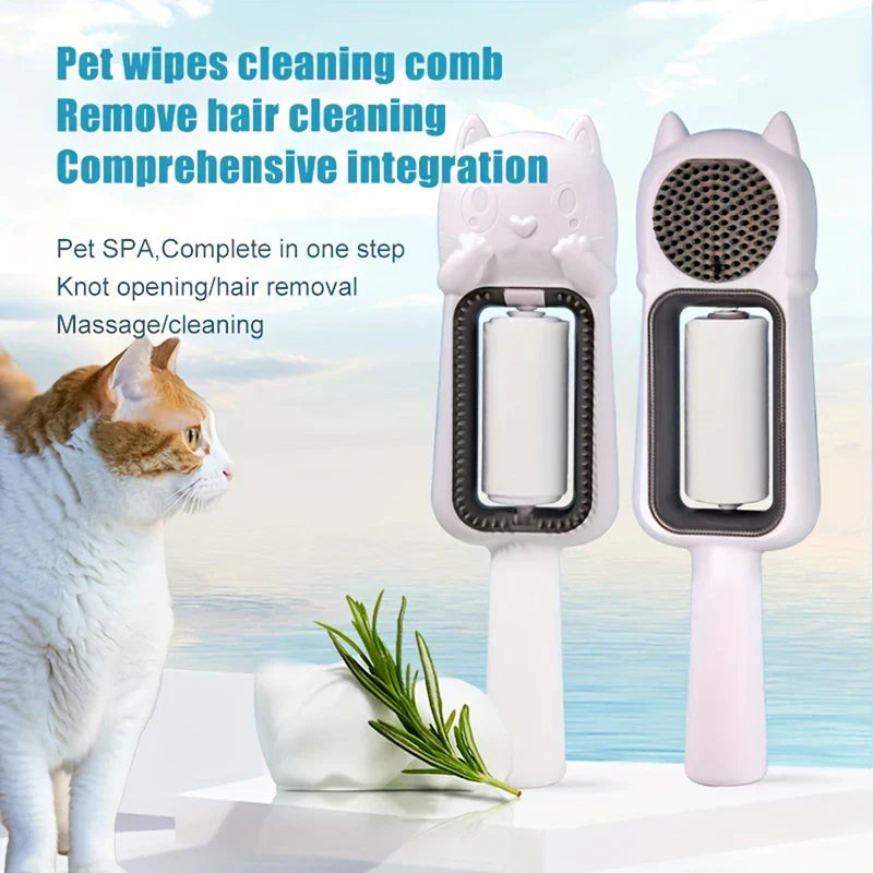 Pet Grooming Brush For Dogs - White cat-shaped pet cleaning comb with an orange and white cat, and text listing product functions.