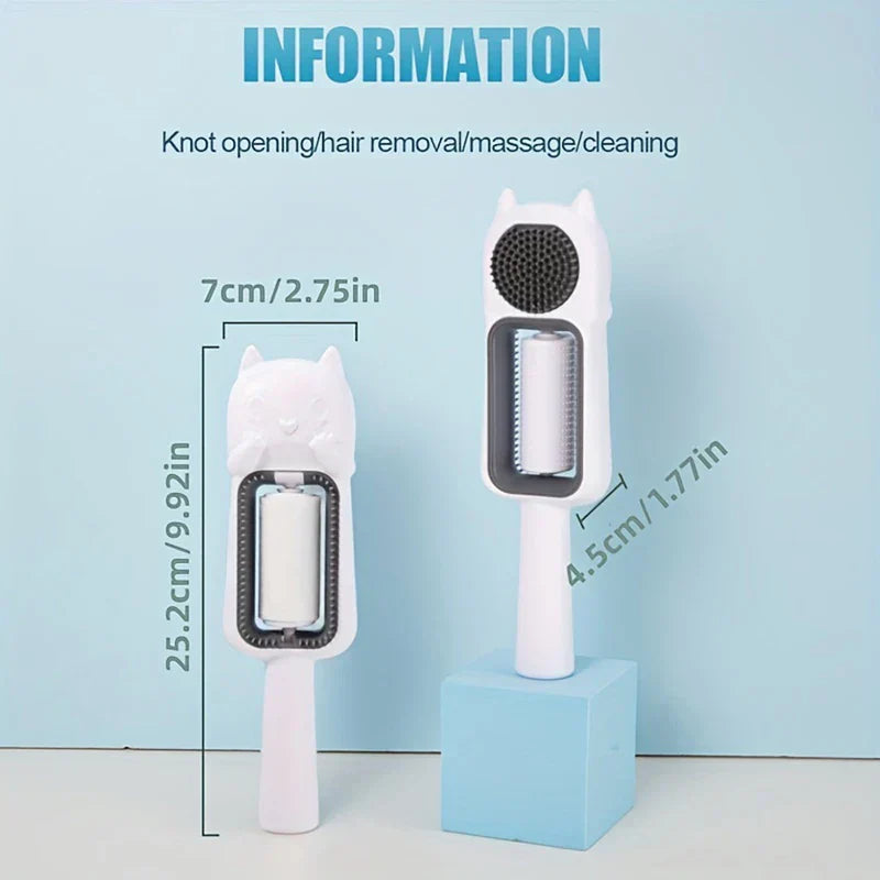 Pet Grooming Brush For Dogs - Two white cat-shaped pet cleaning combs on display with labeled dimension measurements.