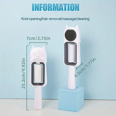 Pet Grooming Brush For Dogs - Two white cat-shaped pet cleaning combs on display with labeled dimension measurements.