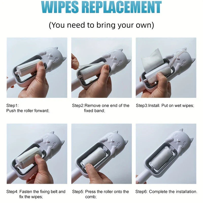Pet Grooming Brush For Dogs - Six-step demonstration of replacing wet wipes on a cat-shaped pet comb, with text instructions.