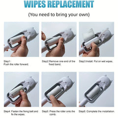 Pet Grooming Brush For Dogs - Six-step demonstration of replacing wet wipes on a cat-shaped pet comb, with text instructions.