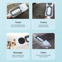 Pet Grooming Brush For Dogs - 4-panel illustration showing four functions of a pet brush, featuring a cat head-shaped body and central roll