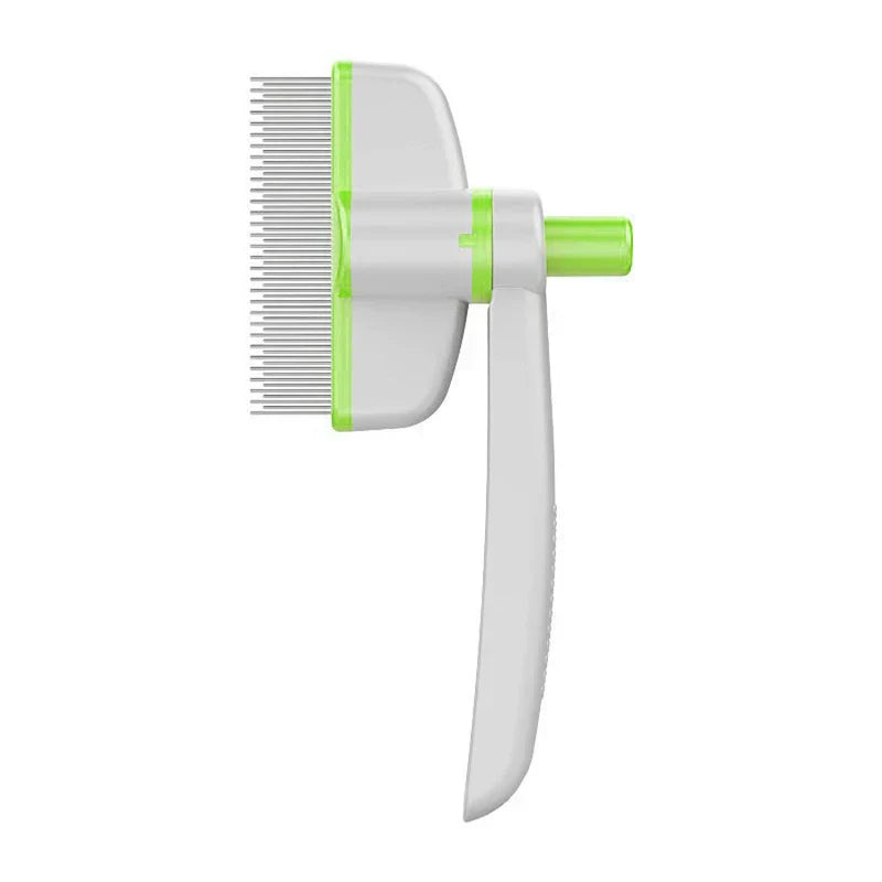 Deshedding Rake Brush - White and light green self-cleaning pet comb shown against a plain white background