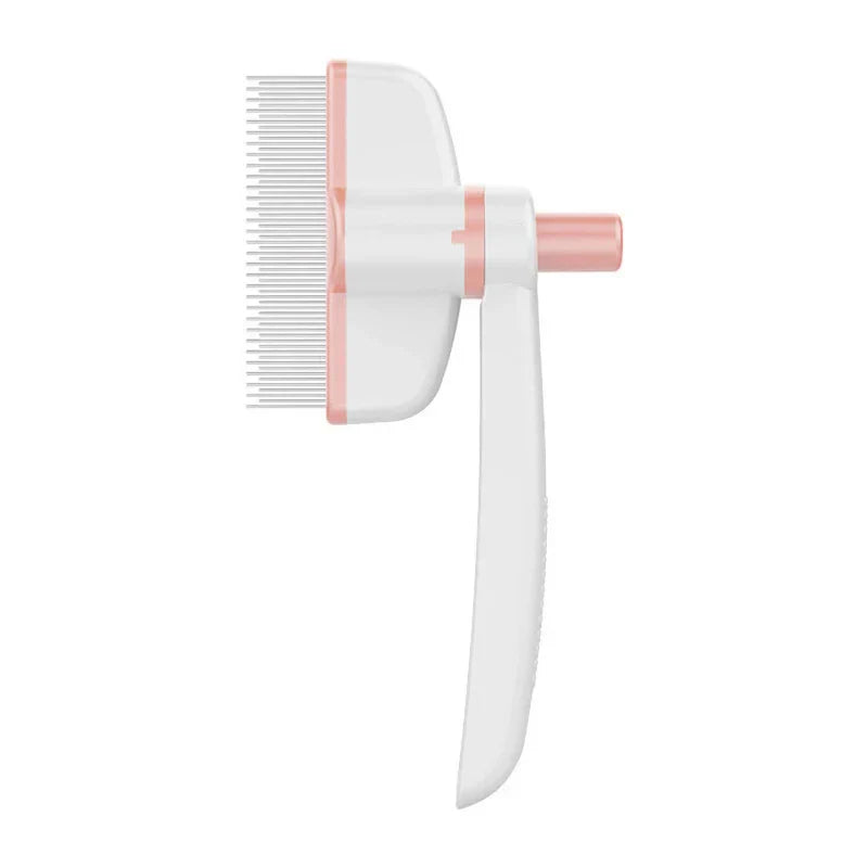 Deshedding Rake Brush - White and light pink self-cleaning pet comb shown against a plain white background