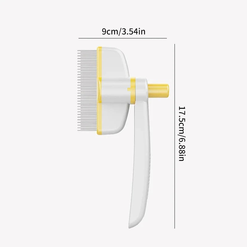 Deshedding Rake Brush - Pet grooming comb with white and yellow plastic, laid flat with dimension lines marking 9cm width and 17.5cm length