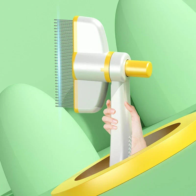 Deshedding Rake Brush - Hand holding a white and yellow self-cleaning pet comb against a light green stylized background