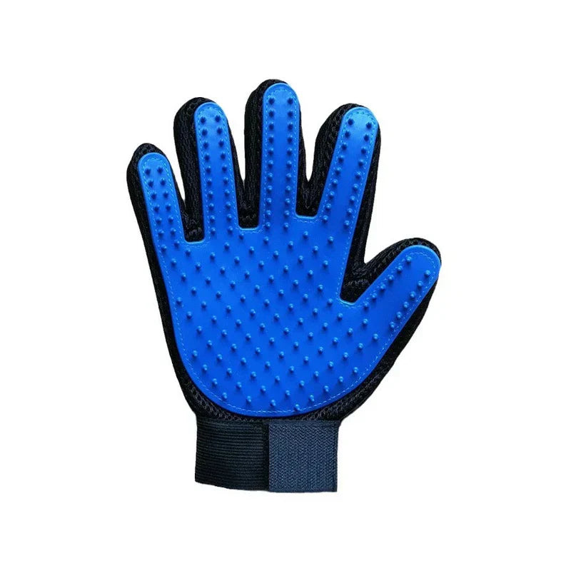 Pet Grooming Mitt - A grooming glove with a blue rubber palm side covered in small raised nubs, black mesh fabric backing, and an adjustable wrist strap