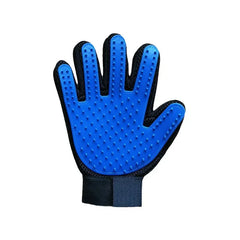 Pet Grooming Mitt - A grooming glove with a blue rubber palm side covered in small raised nubs, black mesh fabric backing, and an adjustable wrist strap