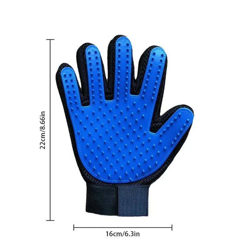Pet Grooming Mitt - Blue pet grooming glove with black mesh sides, elastic wrist strap, dimensions marked 22cm tall and 16cm wide.