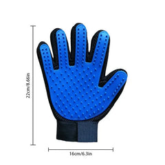 Pet Grooming Mitt - Blue pet grooming glove with black mesh sides, elastic wrist strap, dimensions marked 22cm tall and 16cm wide.