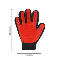 Pet Grooming Mitt - Red pet grooming glove with black mesh sides, elastic wrist strap, dimensions marked 22cm tall and 16cm wide.
