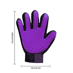 Pet Grooming Mitt - Purple pet grooming glove with black mesh sides, elastic wrist strap, dimensions marked 22cm tall and 16cm wide.