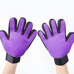 Pet Grooming Mitt - Pair of purple silicone pet grooming gloves with raised nubs, black edges and wrist straps, displayed palms forward on hands
