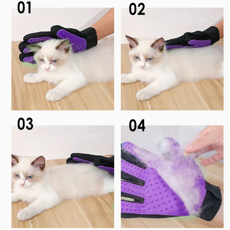 Pet Grooming Mitt - Four-step sequence: grooming a light cream cat with the purple glove, then peeling collected fur off the glove palm