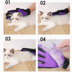 Pet Grooming Mitt - Four-step sequence: grooming a light cream cat with the purple glove, then peeling collected fur off the glove palm