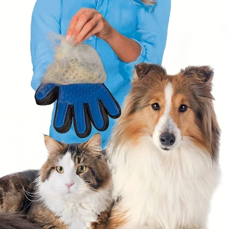 A person holds a fur-covered pet grooming deshedding hair remover mitt, with a cat and dog in the foreground.