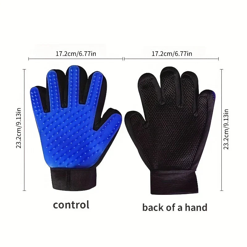 Front and back views of a pet grooming deshedding hair remover mitt, with printed size dimensions.