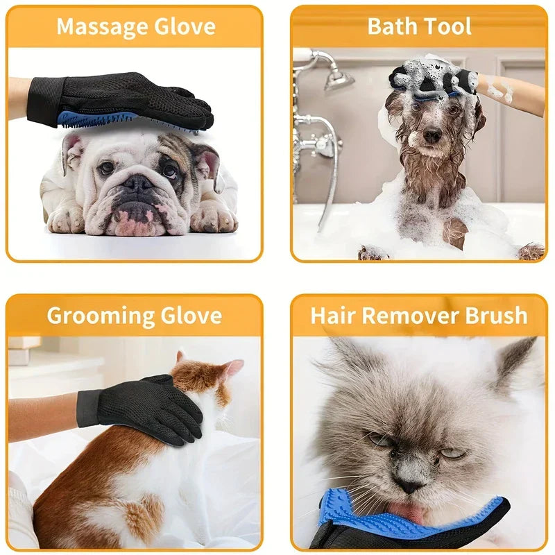 A pet grooming deshedding hair remover mitt used on dogs and cats for massaging, bathing, grooming, and hair removal.
