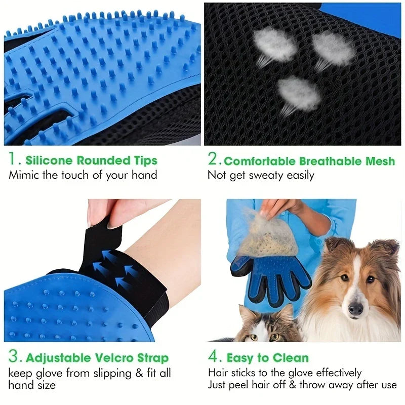 Close-up details of a pet grooming deshedding hair remover mitt: silicone tips, mesh fabric, velcro strap, and easy hair removal.