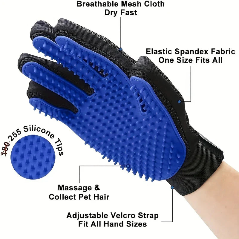 A hand wears a blue and black pet grooming deshedding hair remover mitt with labeled parts including silicone tips and mesh.