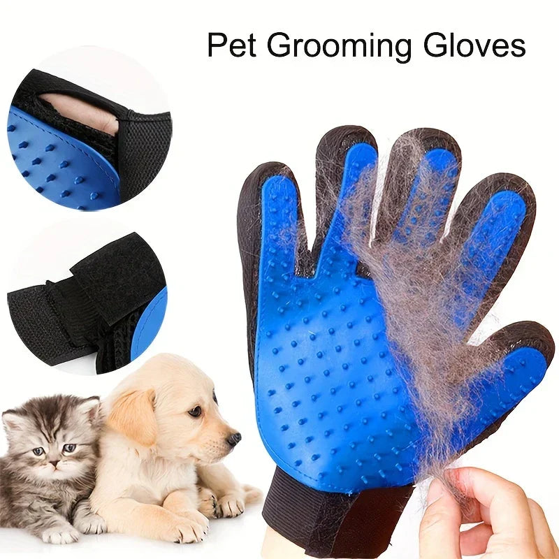 A hand wearing a pet grooming deshedding hair remover mitt shows collected fur, with a puppy and kitten nearby and close-up mitt details on the side.