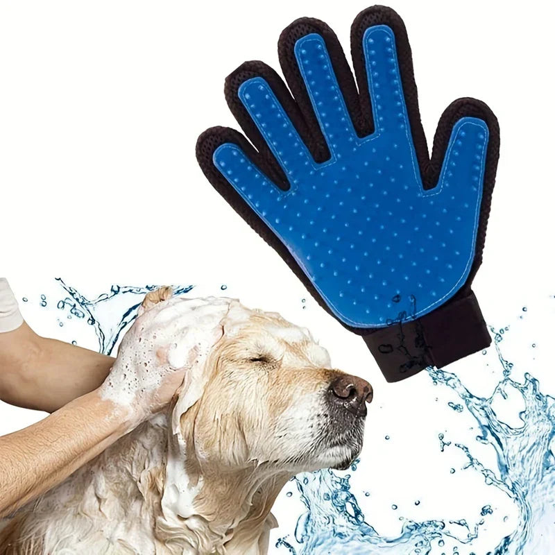 A golden retriever being bathed, with a blue and black pet grooming deshedding hair remover mitt and splashing water against a white background.