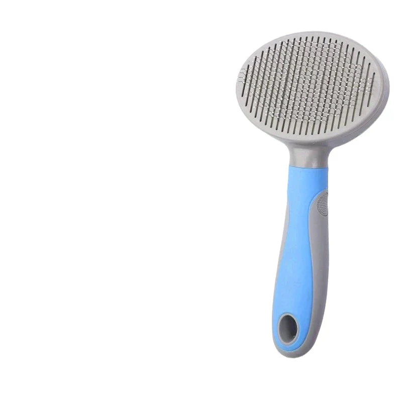 Slicker Brush - Blue and gray self-cleaning pet grooming brush with oval bristle head and ergonomic non-slip handle
