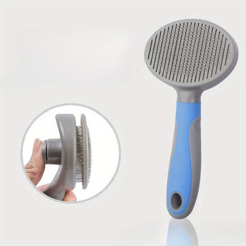 Slicker Brush - Blue and gray pet grooming brush showing the self-cleaning bristle retraction mechanism in a close-up inset