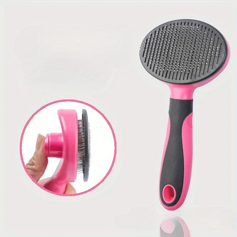 Slicker Brush - Pink and black pet grooming brush showing the self-cleaning bristle retraction mechanism in a close-up inset