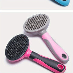 Slicker Brush - Two pet grooming brushes with pin bristle heads and colored plastic handles, angled view