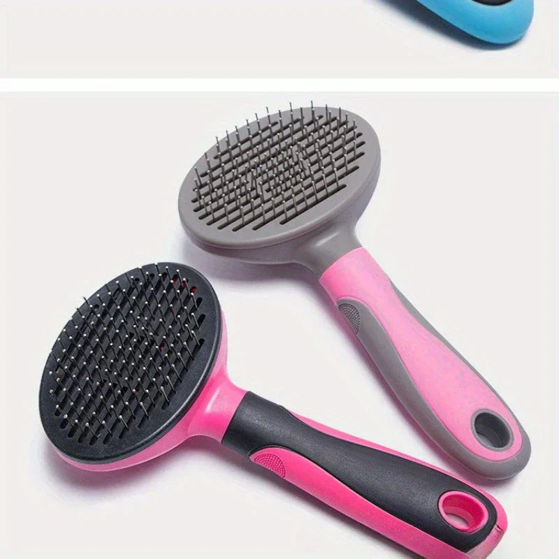 Slicker Brush - Blue pet grooming brush handle and two other pet brushes in flat lay arrangement